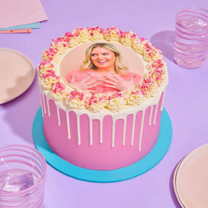 Edible Image Photo Cake with personalised edible photo, pink drip, and cream piping by Crumbs & Doilies.